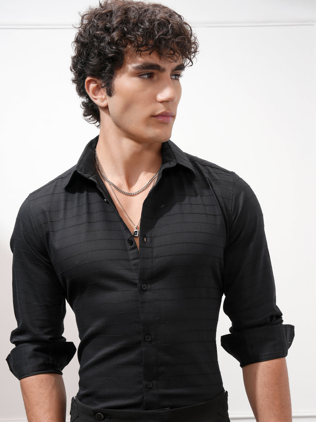 Highlander Men Black Striped Slim Fit Casual Shirt - Black - Image 1