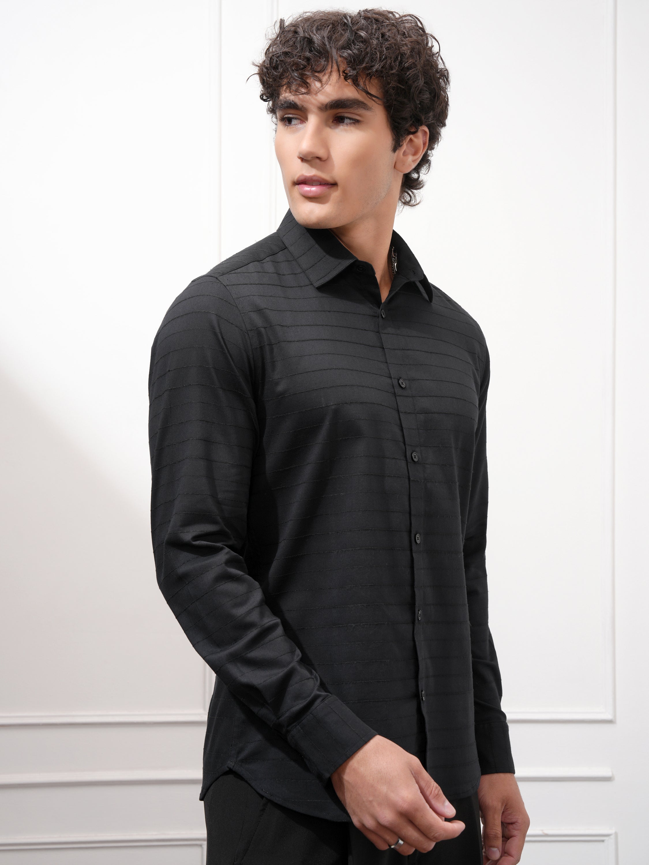 Highlander Men Black Striped Slim Fit Casual Shirt - Black - Image 6