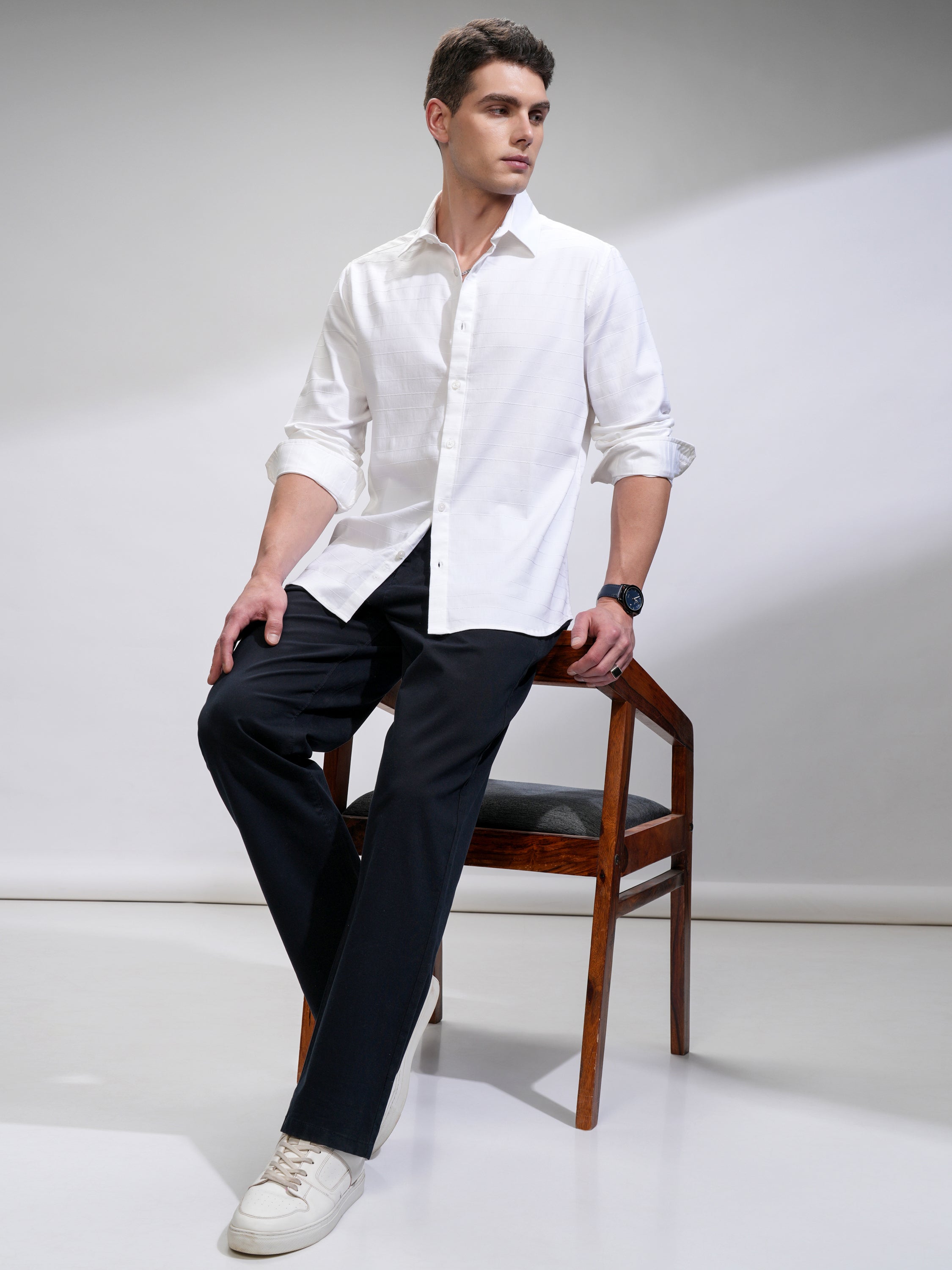 Highlander Men White Self Design Slim Fit Casual Shirt - White - Image 2