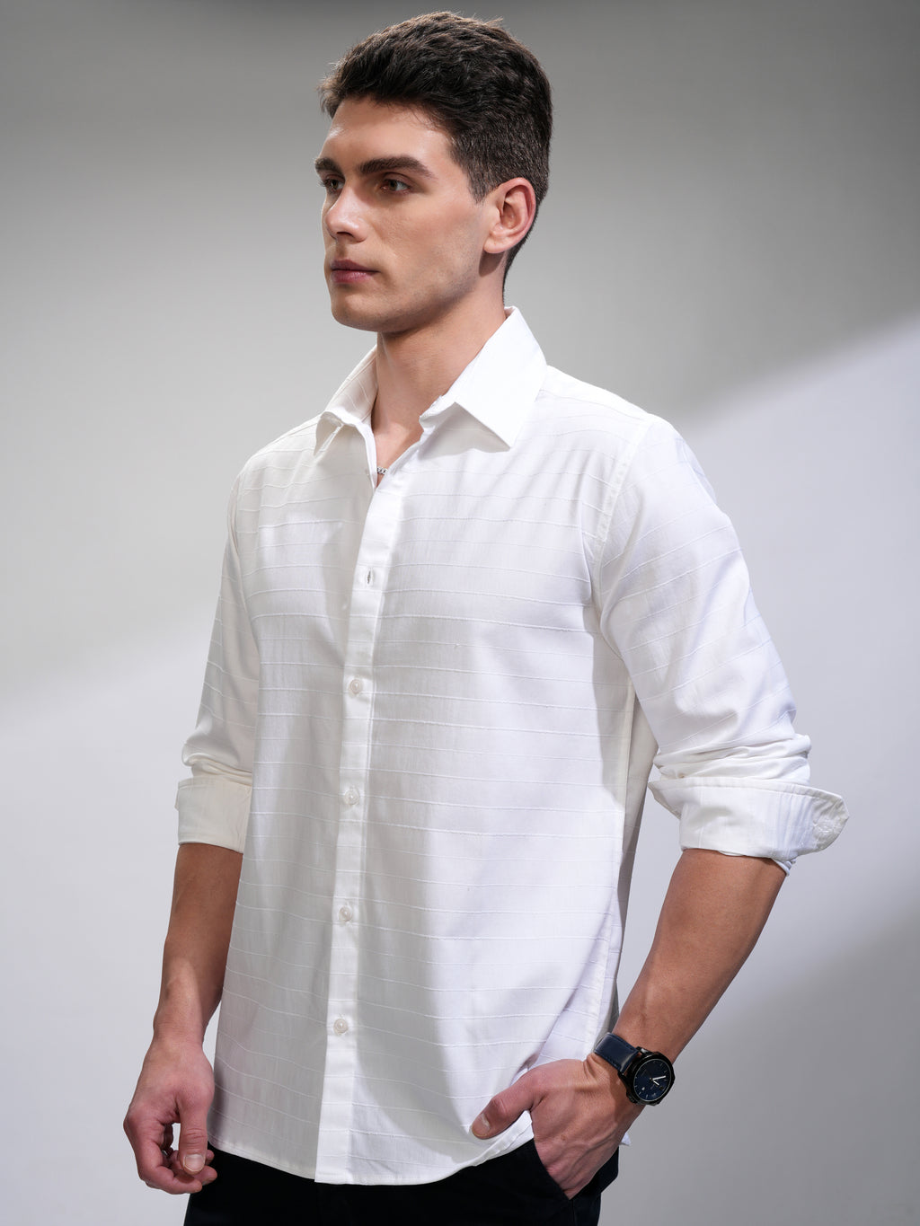 Highlander Men White Self Design Slim Fit Casual Shirt - White - Image 4
