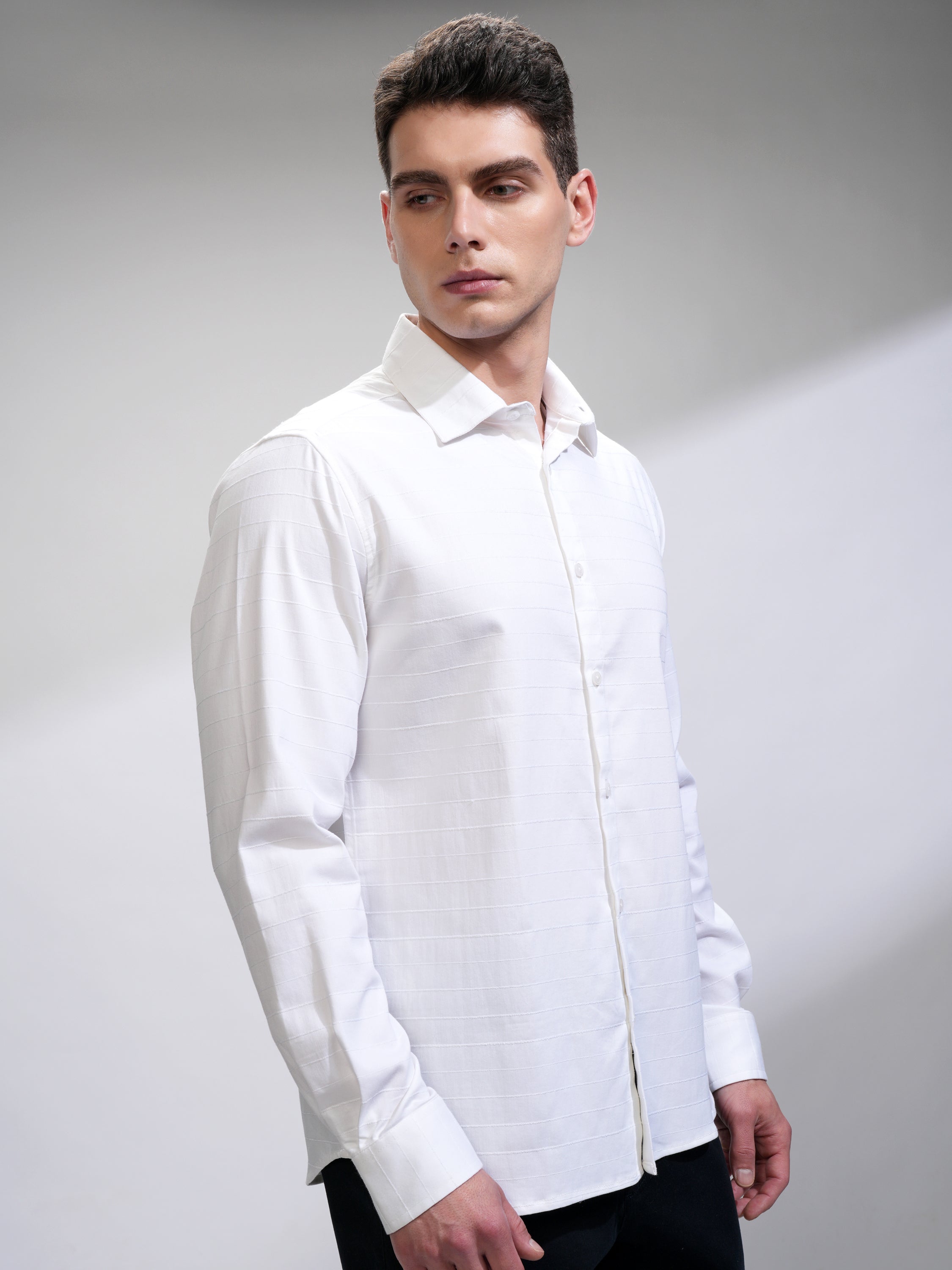Highlander Men White Self Design Slim Fit Casual Shirt - White - Image 6