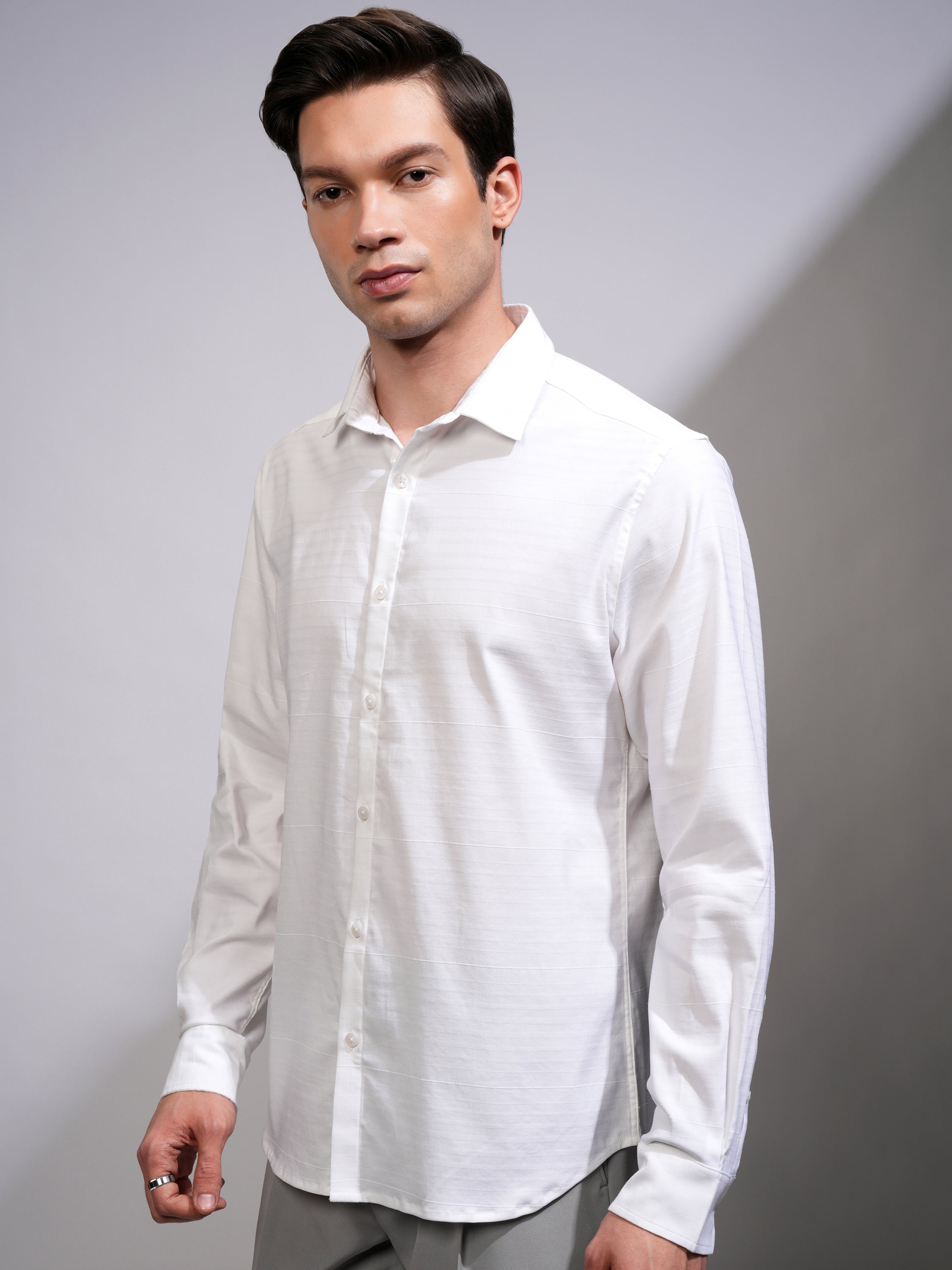 Highlander Men White Striped Slim Fit Casual Shirt - White - Image 4