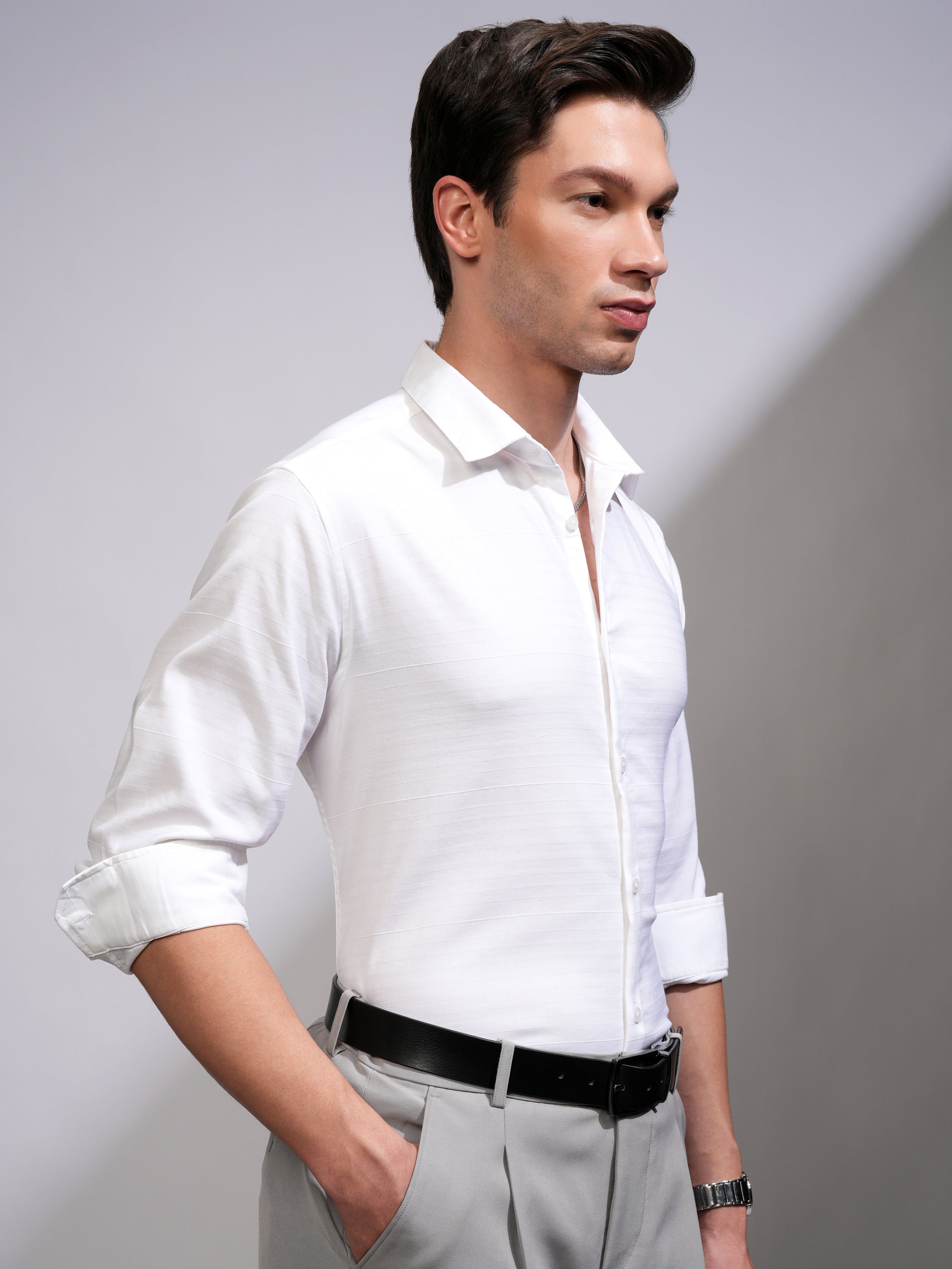 Highlander Men White Striped Slim Fit Casual Shirt - White - Image 6