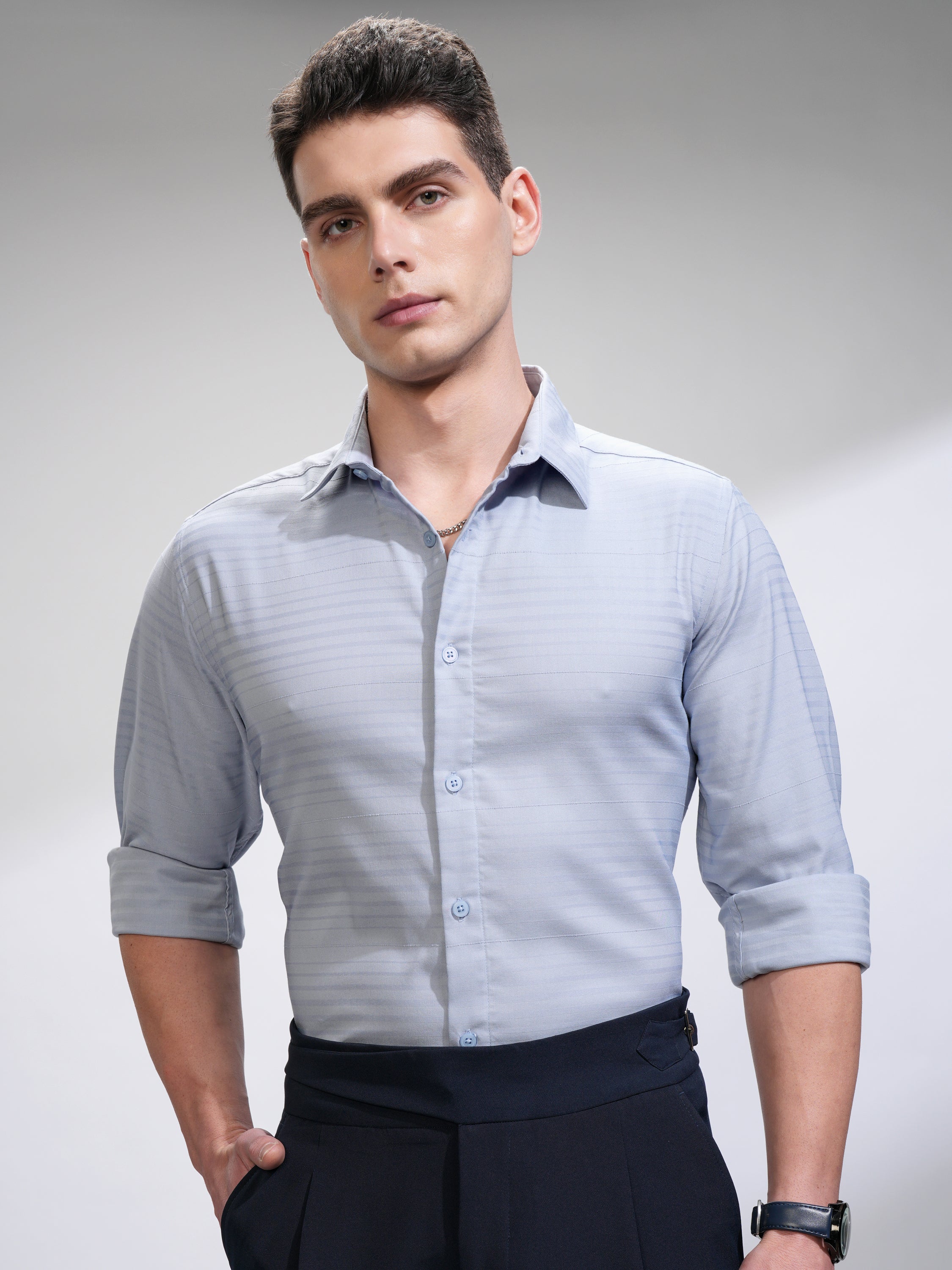 Highlander Men Blue Striped Slim Fit Casual Shirt - Blue - Image 4
