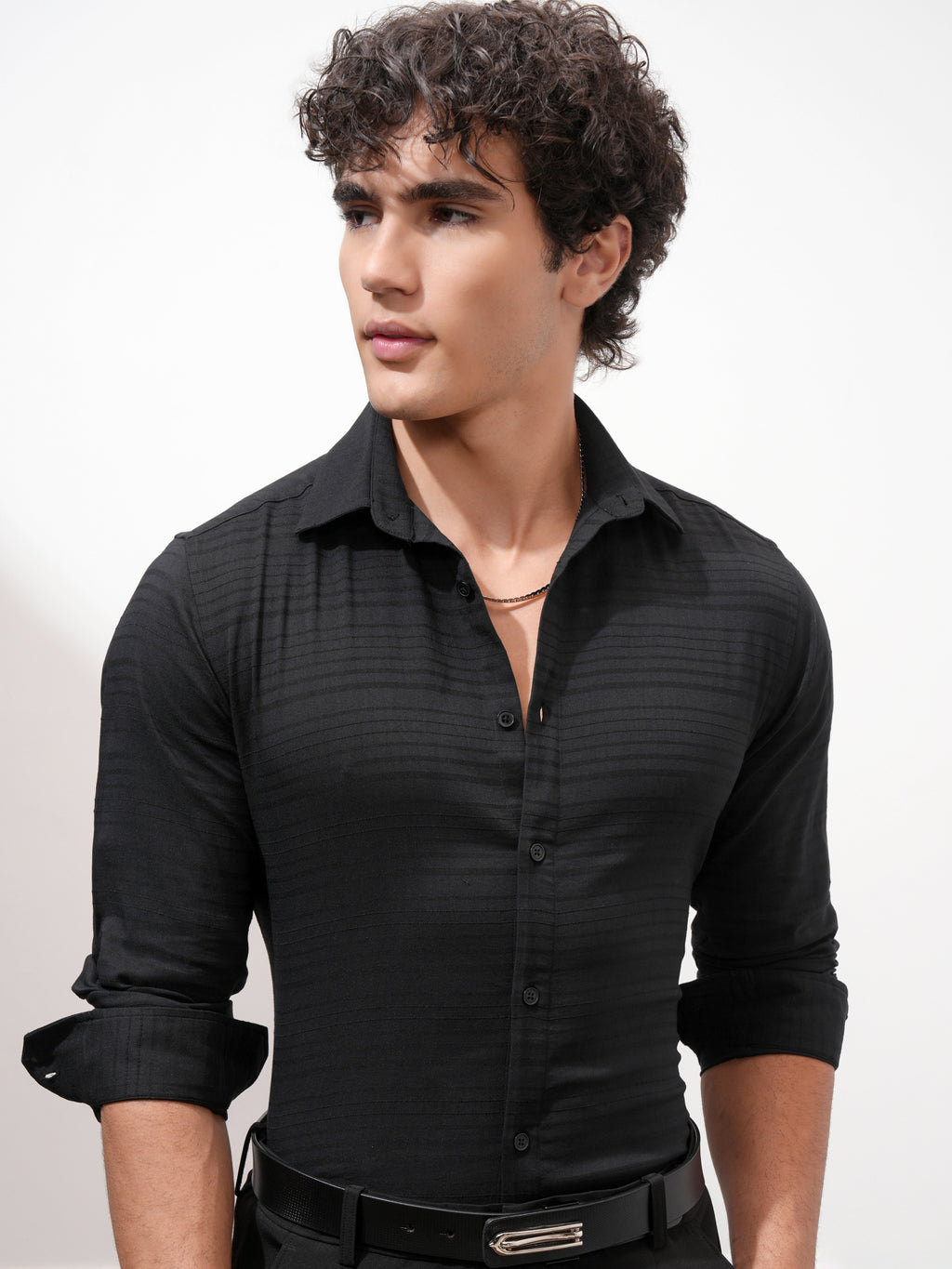 Highlander Men Black Striped Slim Fit Casual Shirt - Black - Image 1