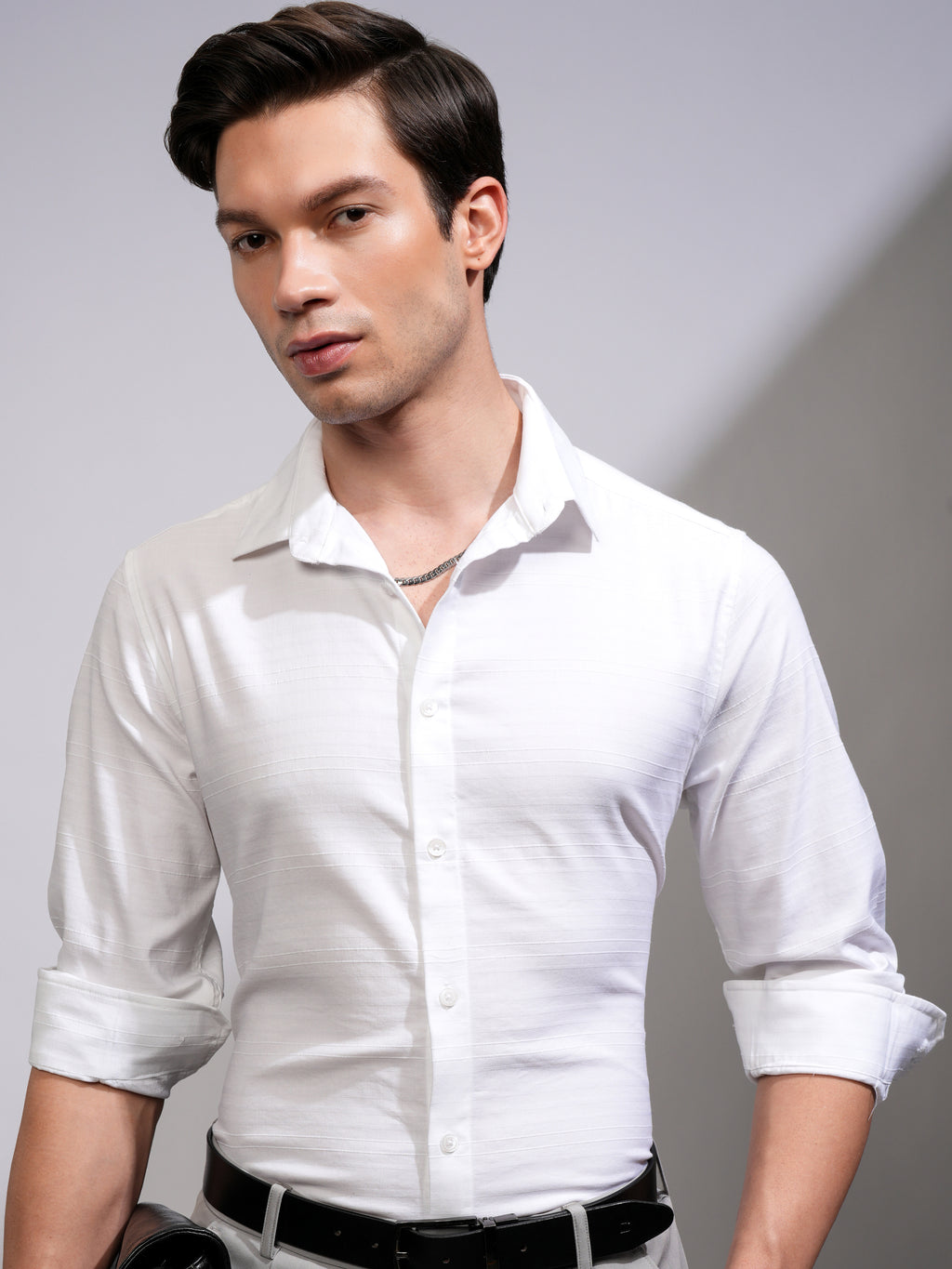 Highlander Men White Striped Slim Fit Casual Shirt - White - Image 1