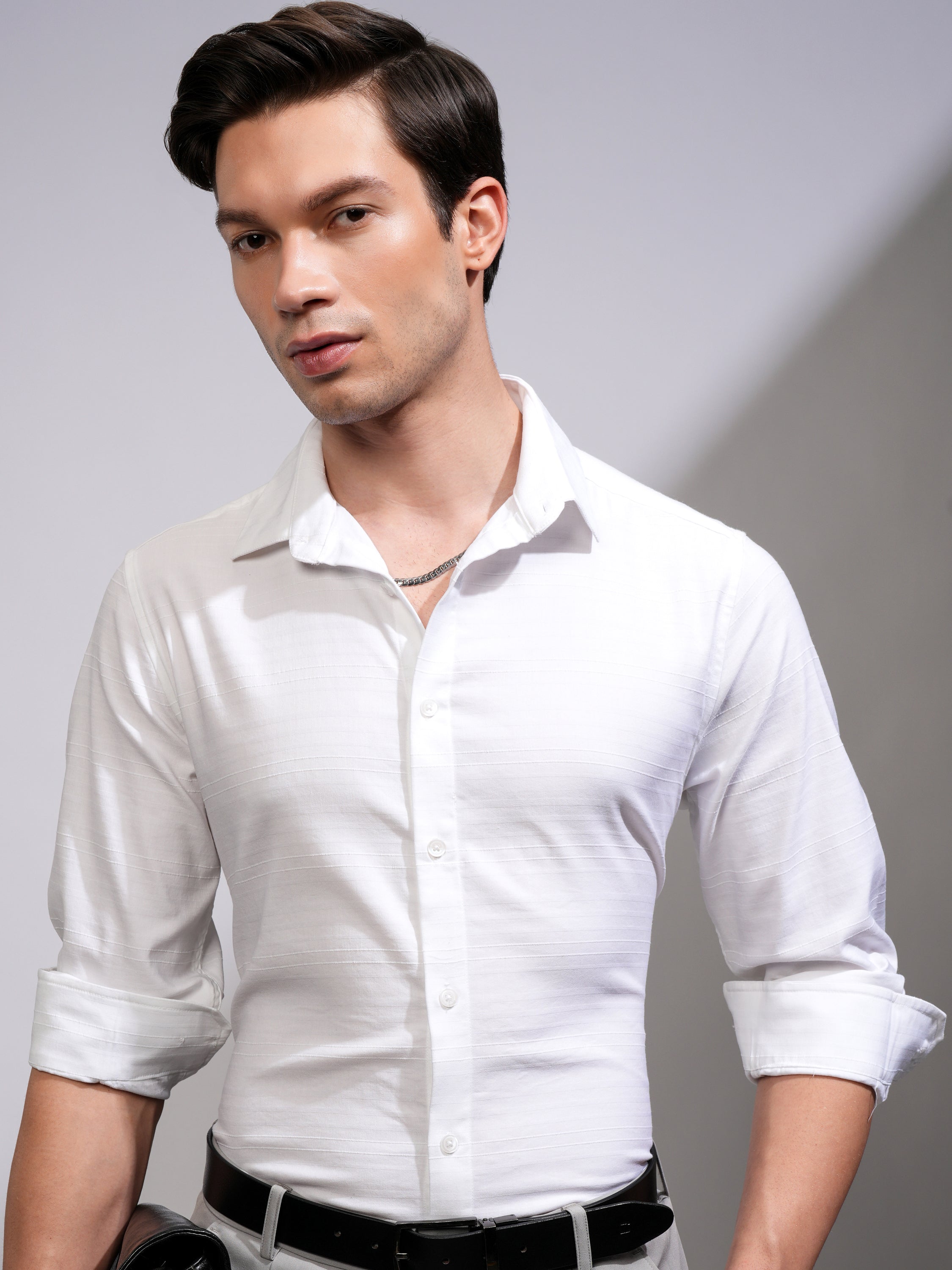 Highlander Men White Striped Slim Fit Casual Shirt - White - Image 1