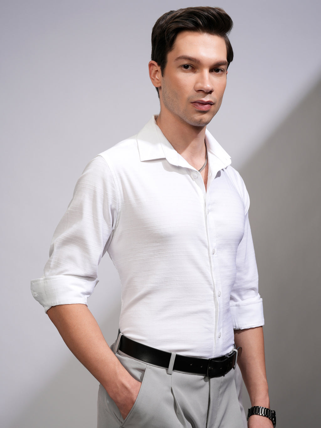 Highlander Men White Striped Slim Fit Casual Shirt - White - Image 6