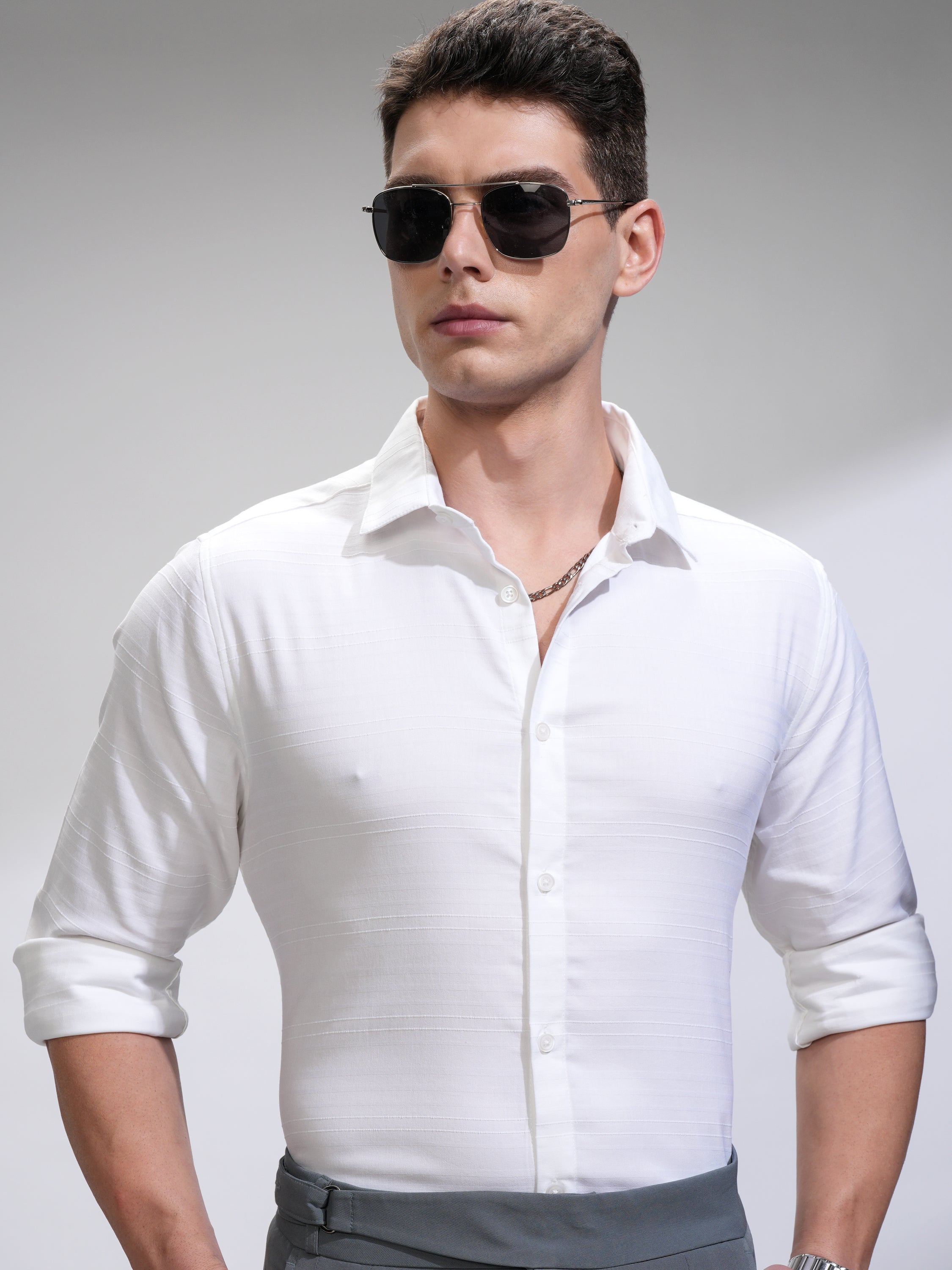 Highlander Men White Self Design Slim Fit Casual Shirt - White - Image 1