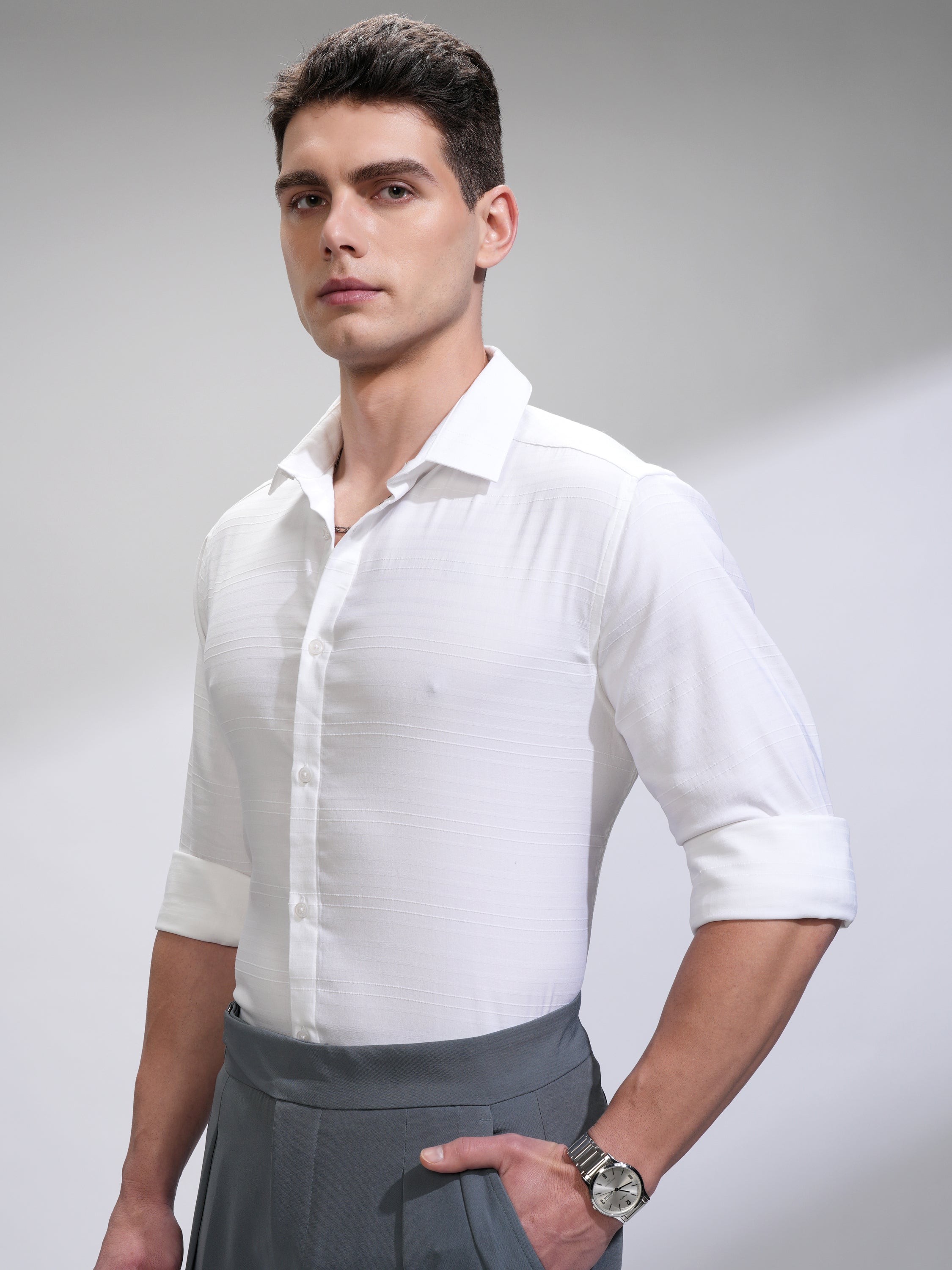 Highlander Men White Self Design Slim Fit Casual Shirt - White - Image 4