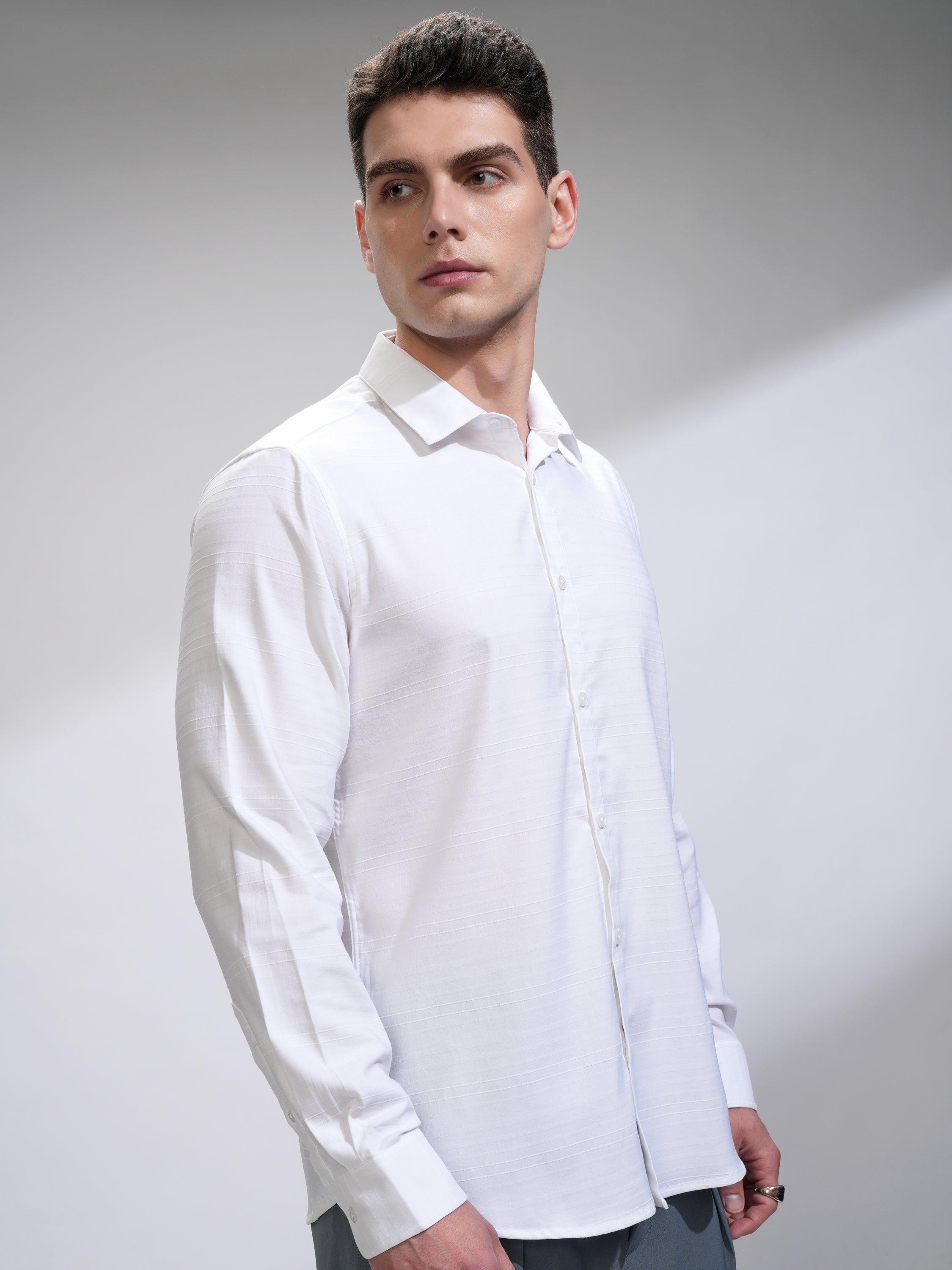 Highlander Men White Self Design Slim Fit Casual Shirt - White - Image 6