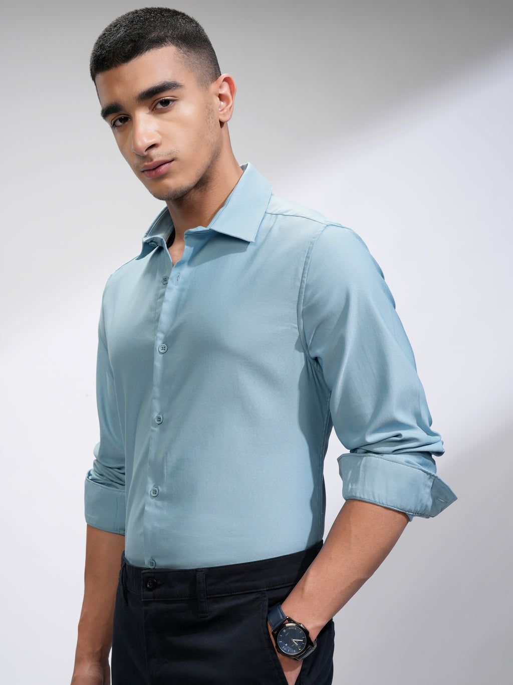 Highlander Men Blue Self Design Slim Fit Casual Shirt - Blue - Image 4
