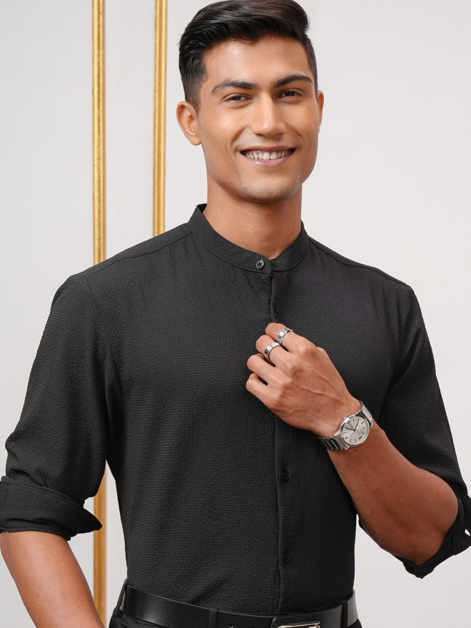 Highlander Men Black Textured Regular Fit Casual Shirt - Black - Image 1