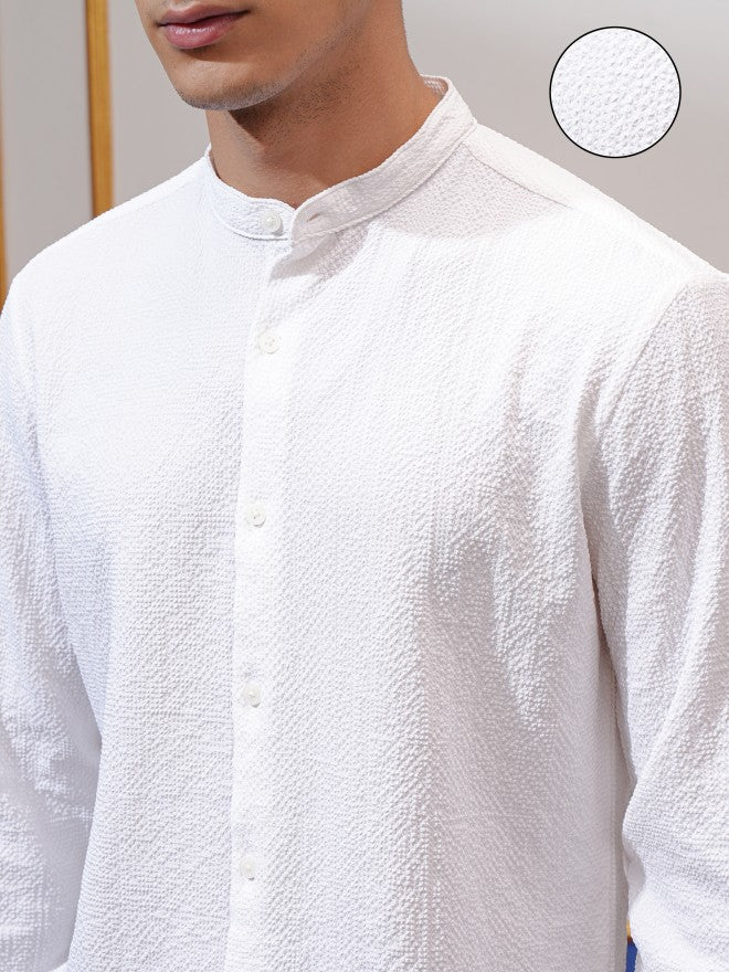 Highlander Men White Textured Regular Fit Casual Shirt - White - Image 5