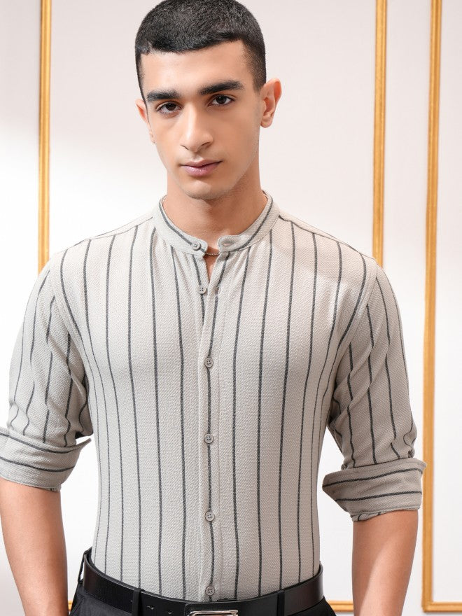 Highlander Men Olive Striped Slim Fit Casual Shirt - Olive - Image 1