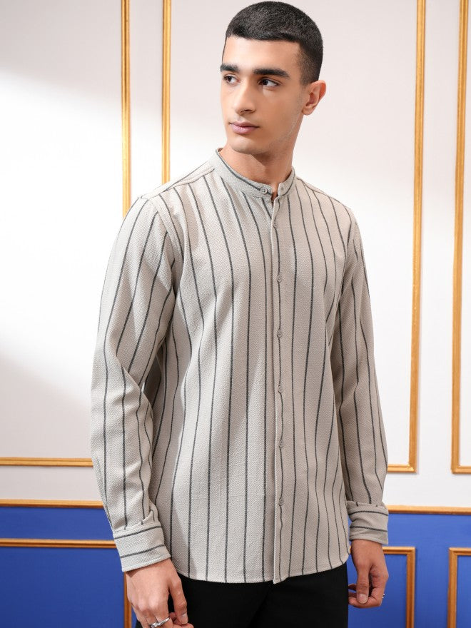 Highlander Men Olive Striped Slim Fit Casual Shirt - Olive - Image 6