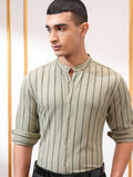 Highlander Men Green Striped Slim Fit Casual Shirt - Green - Image 1