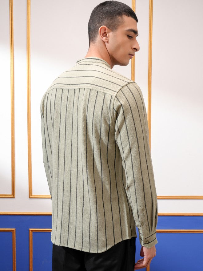 Highlander Men Green Striped Slim Fit Casual Shirt - Green - Image 3