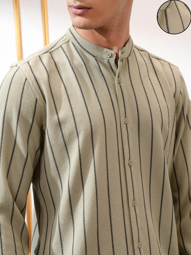 Highlander Men Green Striped Slim Fit Casual Shirt - Green - Image 5