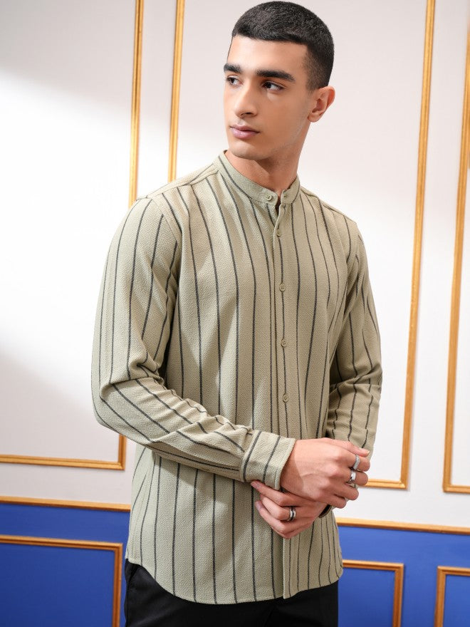 Highlander Men Green Striped Slim Fit Casual Shirt - Green - Image 6