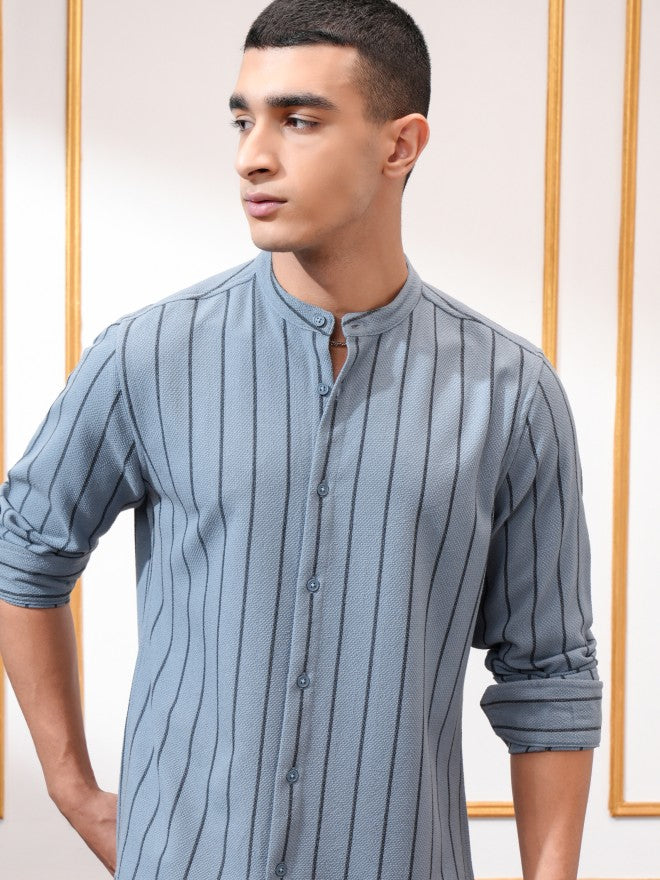 Highlander Men Blue Striped Slim Fit Casual Shirt - Blue - Image 1