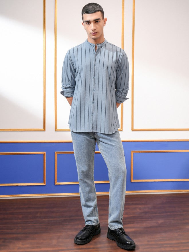 Highlander Men Blue Striped Slim Fit Casual Shirt - Blue - Image 2