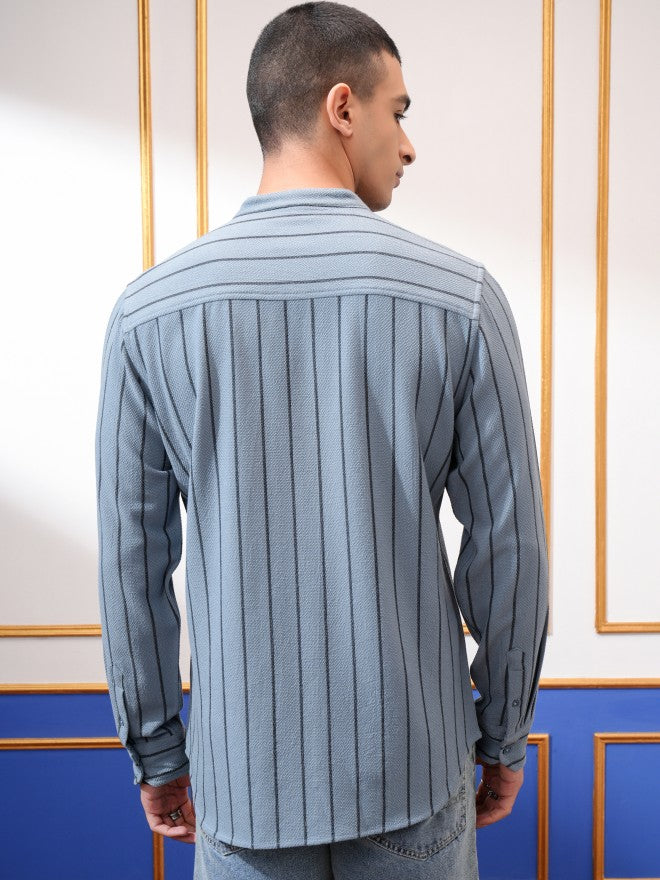 Highlander Men Blue Striped Slim Fit Casual Shirt - Blue - Image 3