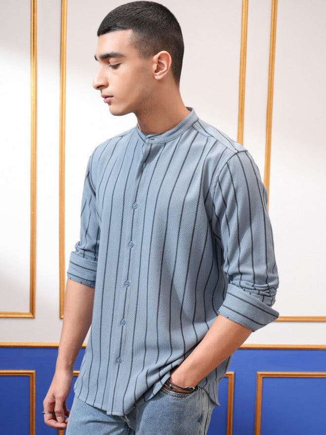 Highlander Men Blue Striped Slim Fit Casual Shirt - Blue - Image 4