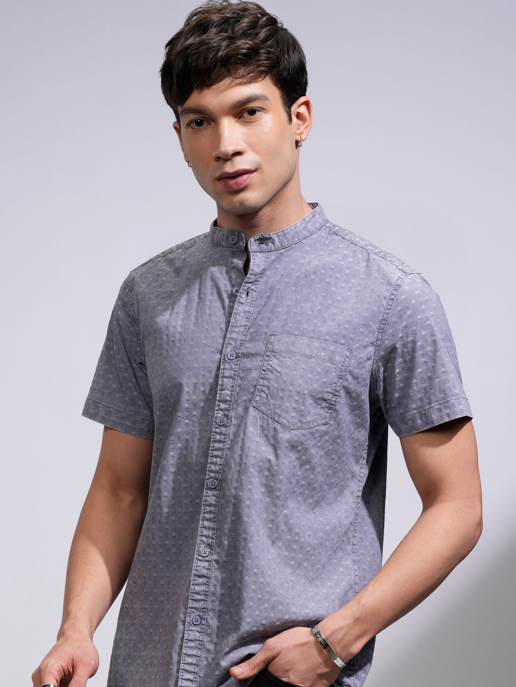 Highlander Men Blue Textured Slim Fit Casual Shirt - Blue - Image 1