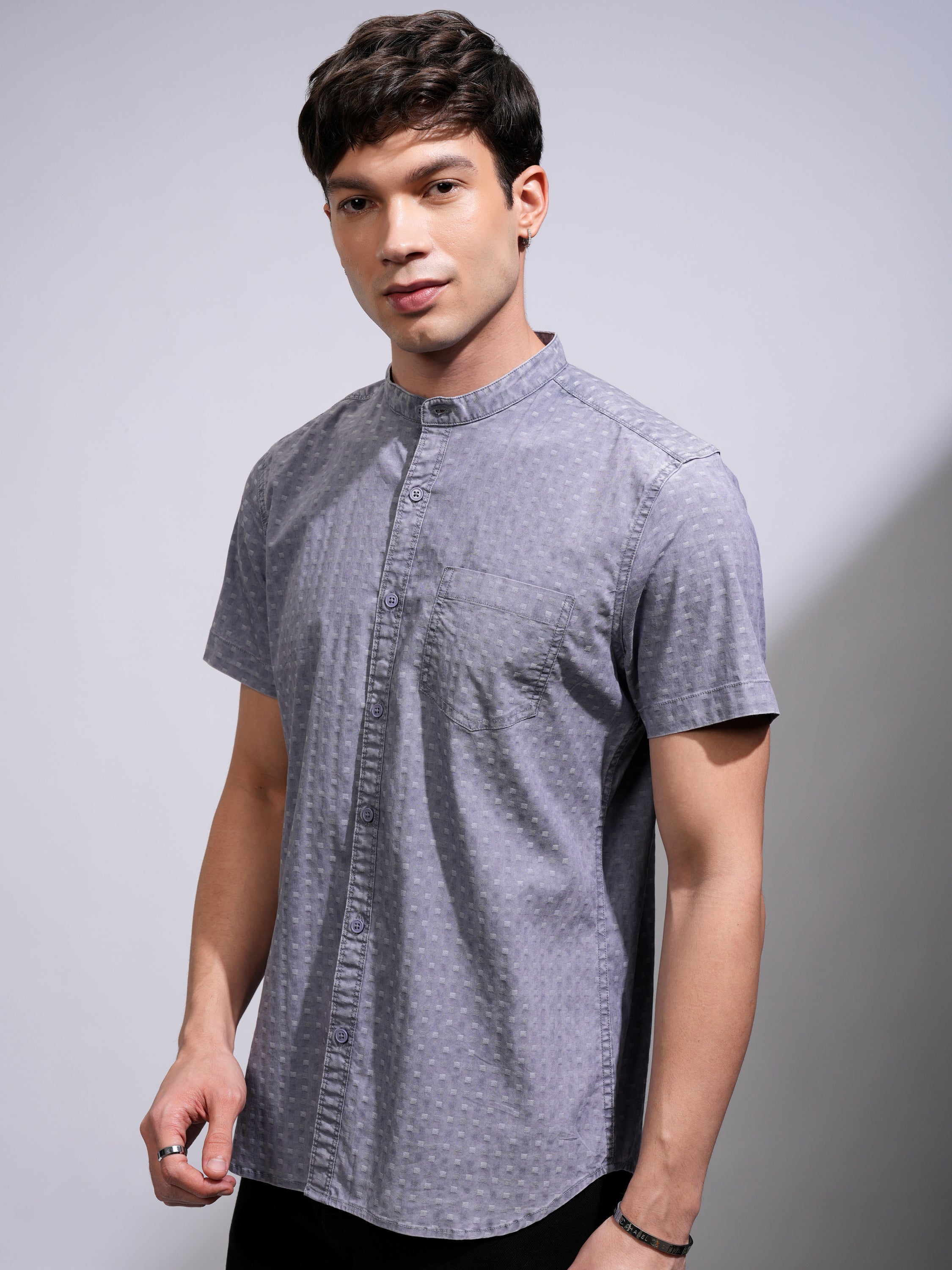 Highlander Men Blue Textured Slim Fit Casual Shirt - Blue - Image 4