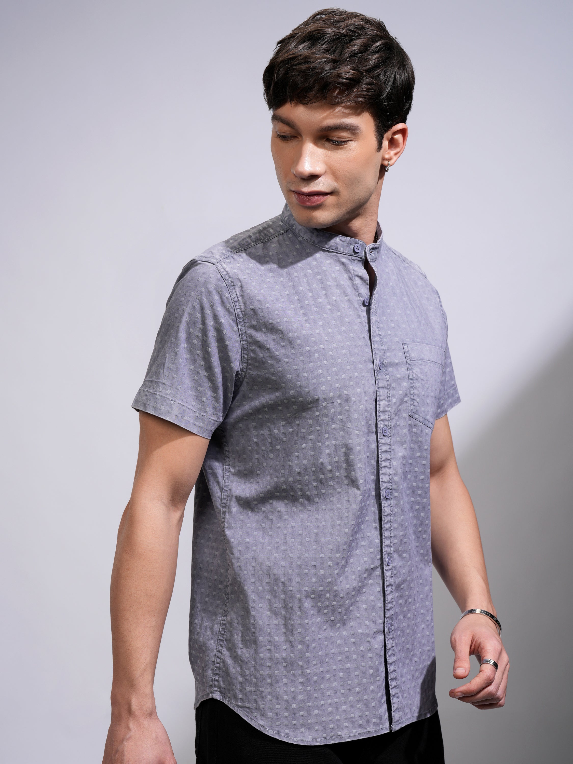 Highlander Men Blue Textured Slim Fit Casual Shirt - Blue - Image 6