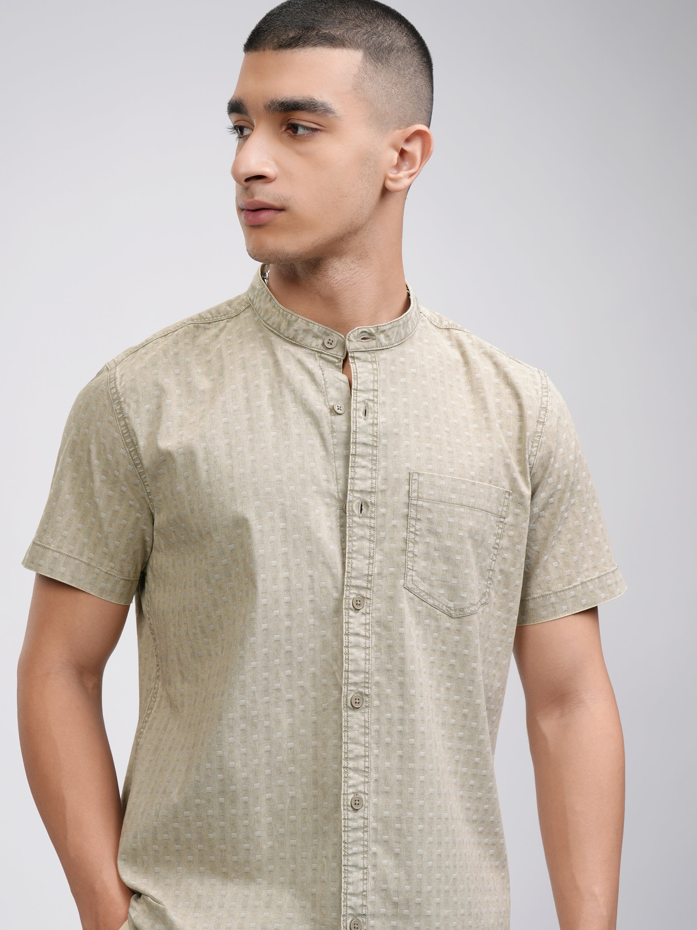 Highlander Men Olive Self Design Slim Fit Casual Shirt - Olive - Image 1