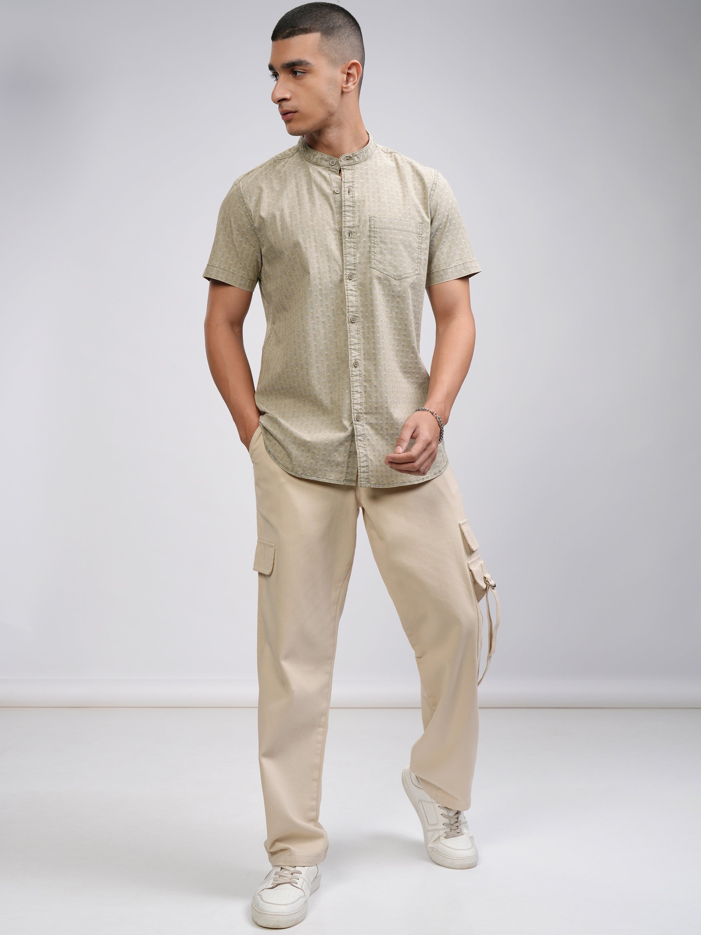 Highlander Men Olive Self Design Slim Fit Casual Shirt - Olive - Image 2