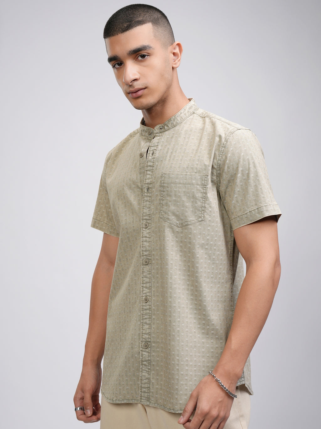 Highlander Men Olive Self Design Slim Fit Casual Shirt - Olive - Image 4