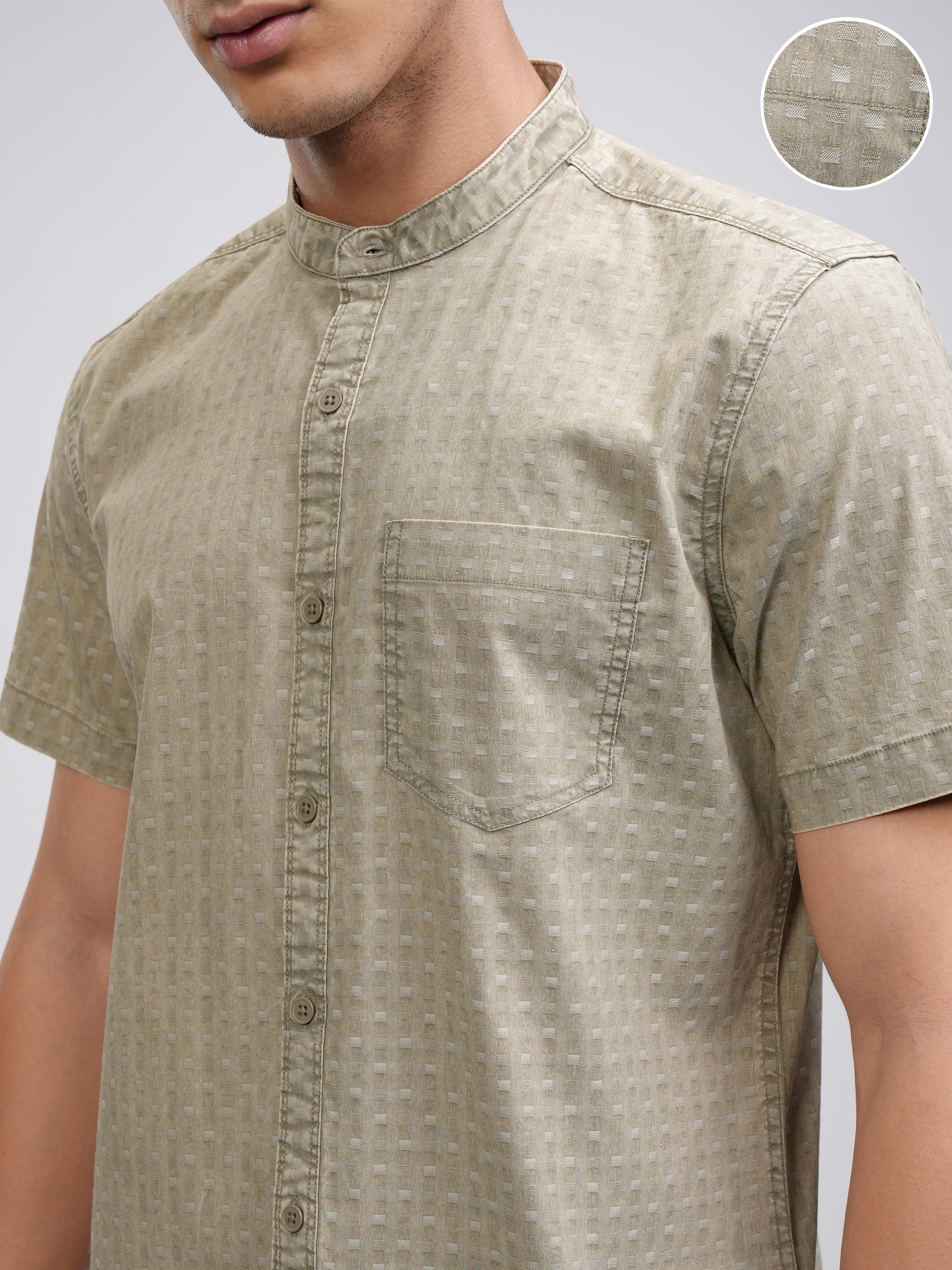 Highlander Men Olive Self Design Slim Fit Casual Shirt - Olive - Image 5