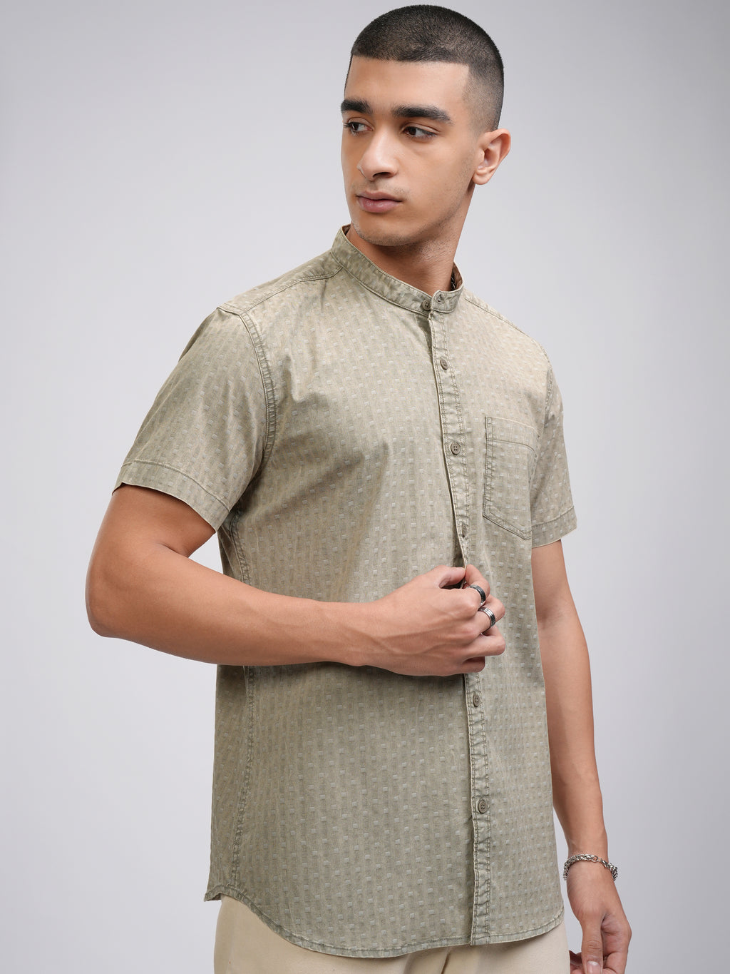 Highlander Men Olive Self Design Slim Fit Casual Shirt - Olive - Image 6