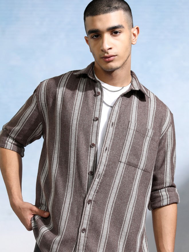Highlander Men Brown Striped Relaxed Fit Casual Shirt - Brown - Image 1