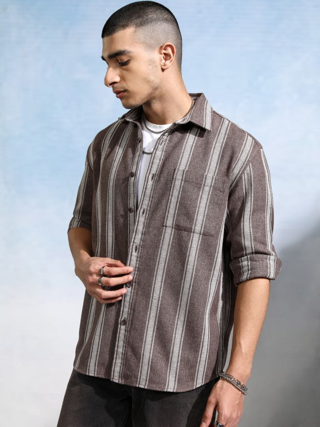 Highlander Men Brown Striped Relaxed Fit Casual Shirt - Brown - Image 4