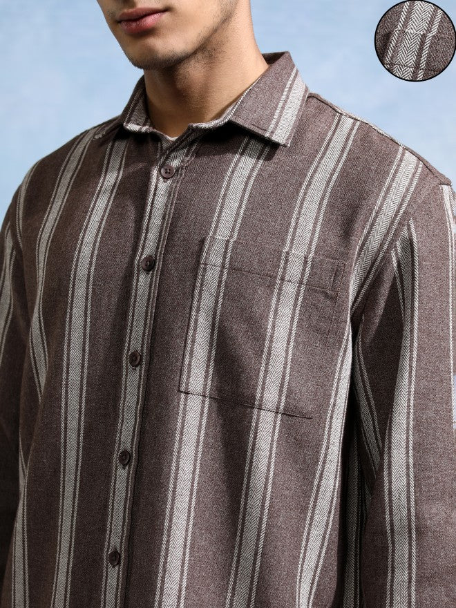 Highlander Men Brown Striped Relaxed Fit Casual Shirt - Brown - Image 5