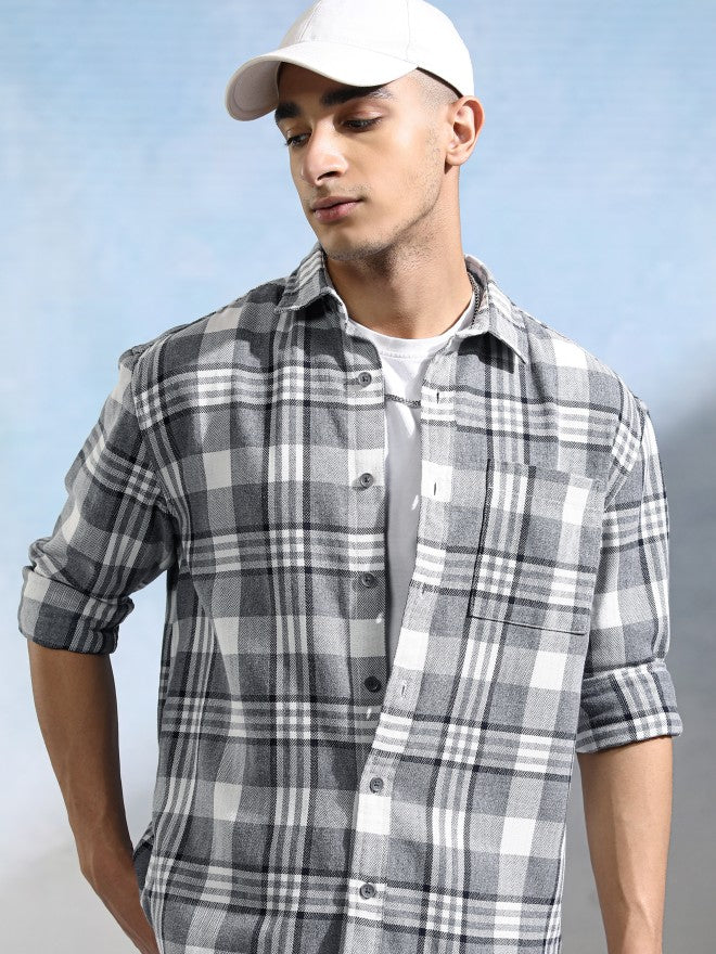 Highlander Men Grey Checked Relaxed Fit Casual Shirt - Grey - Image 1