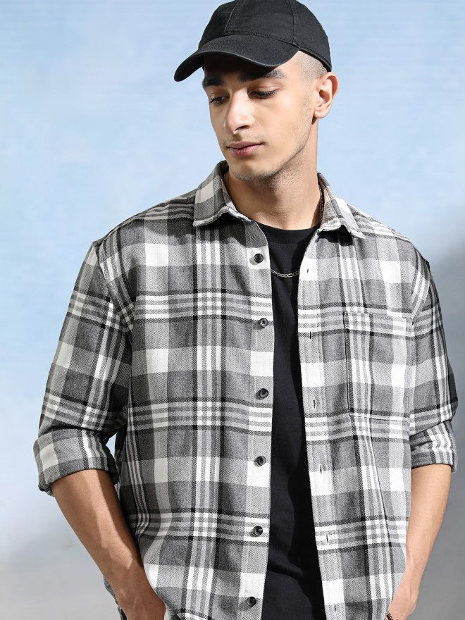 Highlander Men Grey Checked Relaxed Fit Casual Shirt - Grey - Image 1