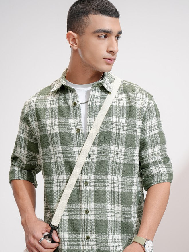 Highlander Men Olive Checked Relaxed Fit Casual Shirt - Olive - Image 1