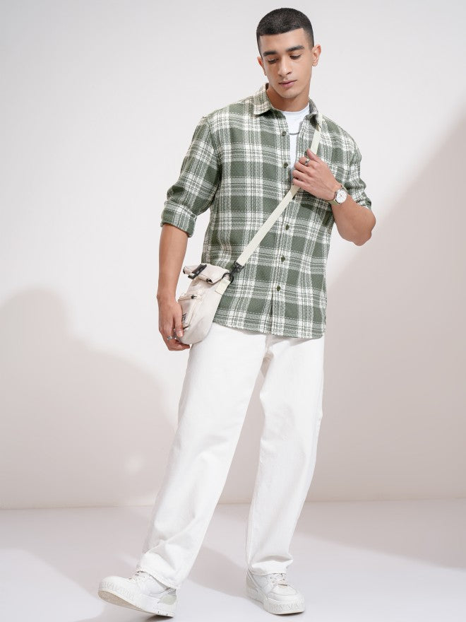 Highlander Men Olive Checked Relaxed Fit Casual Shirt - Olive - Image 2