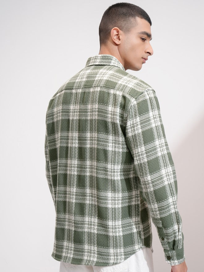 Highlander Men Olive Checked Relaxed Fit Casual Shirt - Olive - Image 3