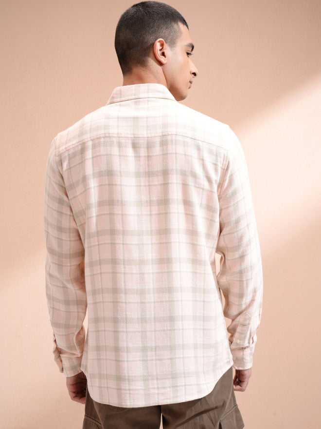Highlander Men Peach Checked Slim Fit Casual Shirt - Peach - Image 3