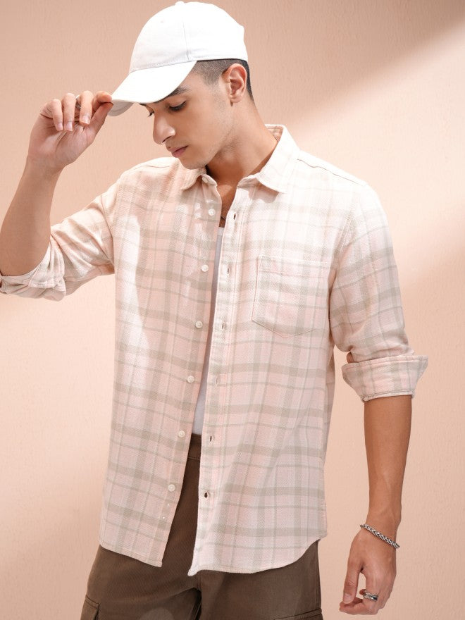 Highlander Men Peach Checked Slim Fit Casual Shirt - Peach - Image 4