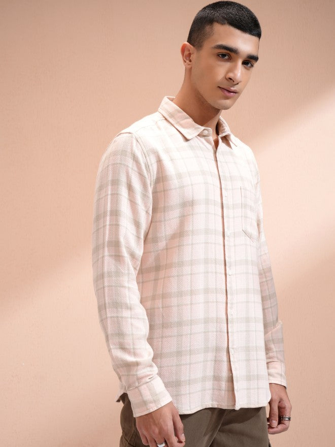 Highlander Men Peach Checked Slim Fit Casual Shirt - Peach - Image 6