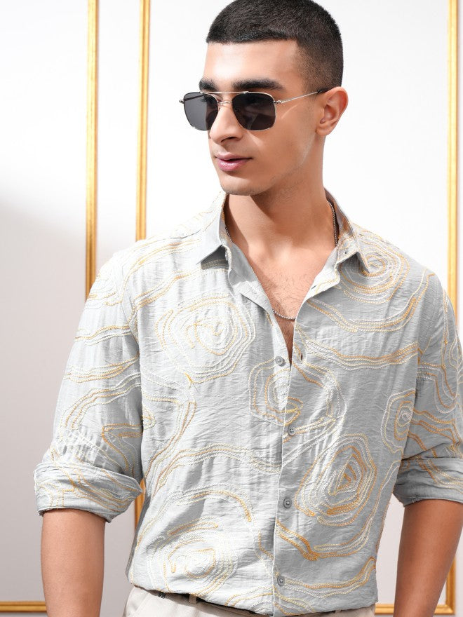 Highlander Men Grey Embroidered Relaxed Fit Casual Shirt - Grey - Image 1