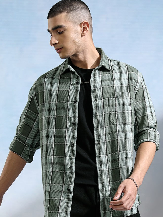 Highlander Men Olive Checked Relaxed Fit Casual Shirt - Olive - Image 1