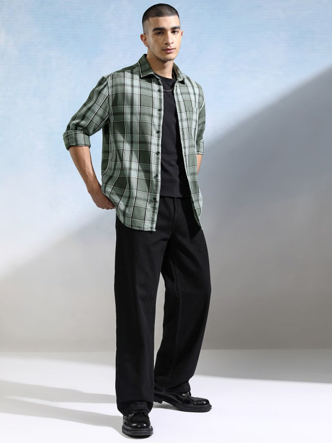 Highlander Men Olive Checked Relaxed Fit Casual Shirt - Olive - Image 2